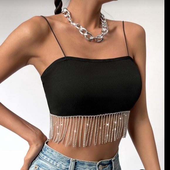 SHEIN Tops - SHEIN Black Rhinestone Fringe Crop Tank
